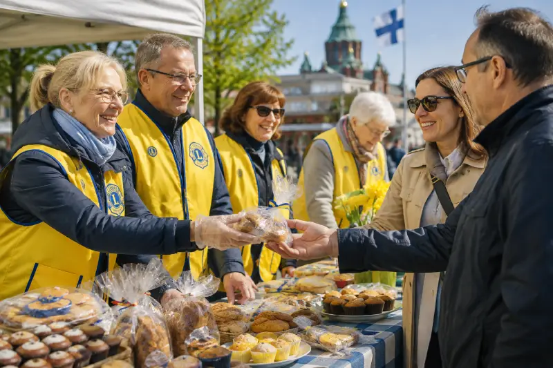 Lions-jasenet myyvat leivonnaisia hyvantekevaisyysmyyjaisissa aurinkoisella torilla.